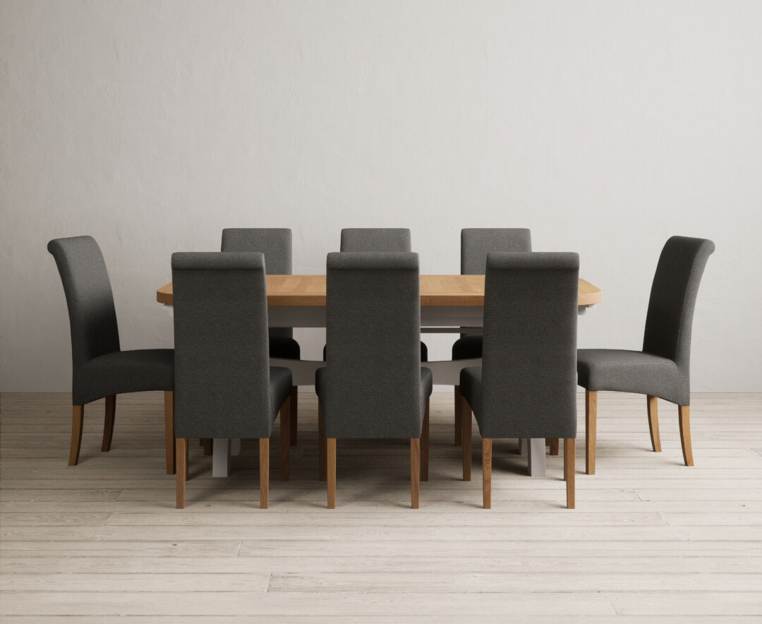 York 150cm Solid Oak Dining Table with 4 Light Grey York Chairs and 2 Oak Benches