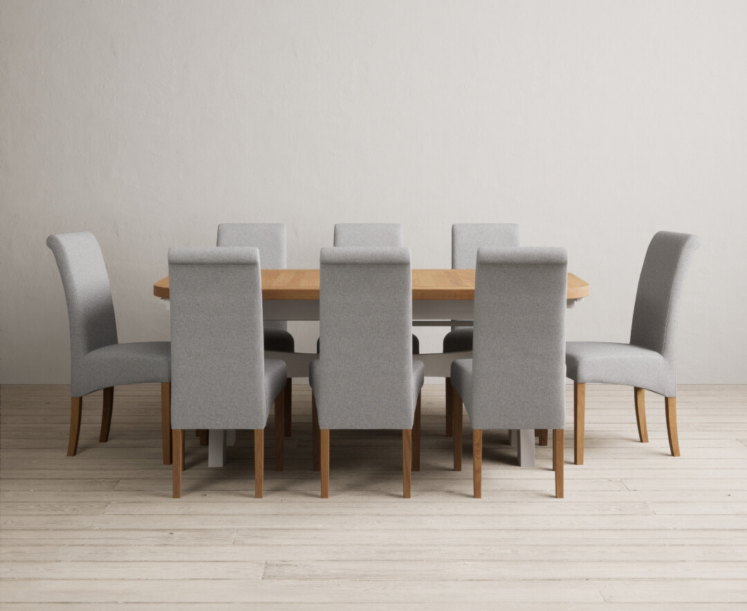 York 150cm Solid Oak Dining Table with 4 Light Grey York Chairs and 2 Oak Benches
