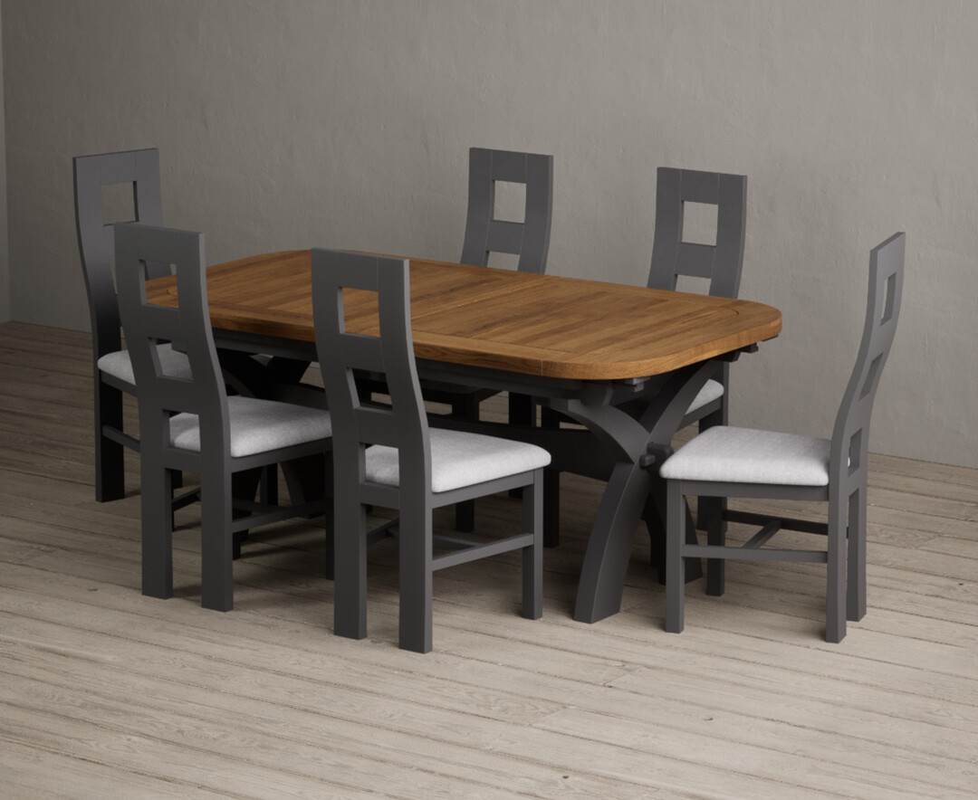 Extending Olympia 180cm Oak and Charcoal Grey Painted Dining Table with 10 Blue Painted Chairs