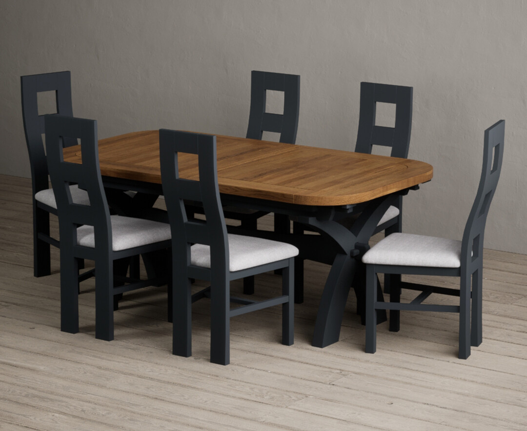 Extending Olympia 180cm Oak and Dark Blue Painted Dining Table with 8 Brown Painted Chairs