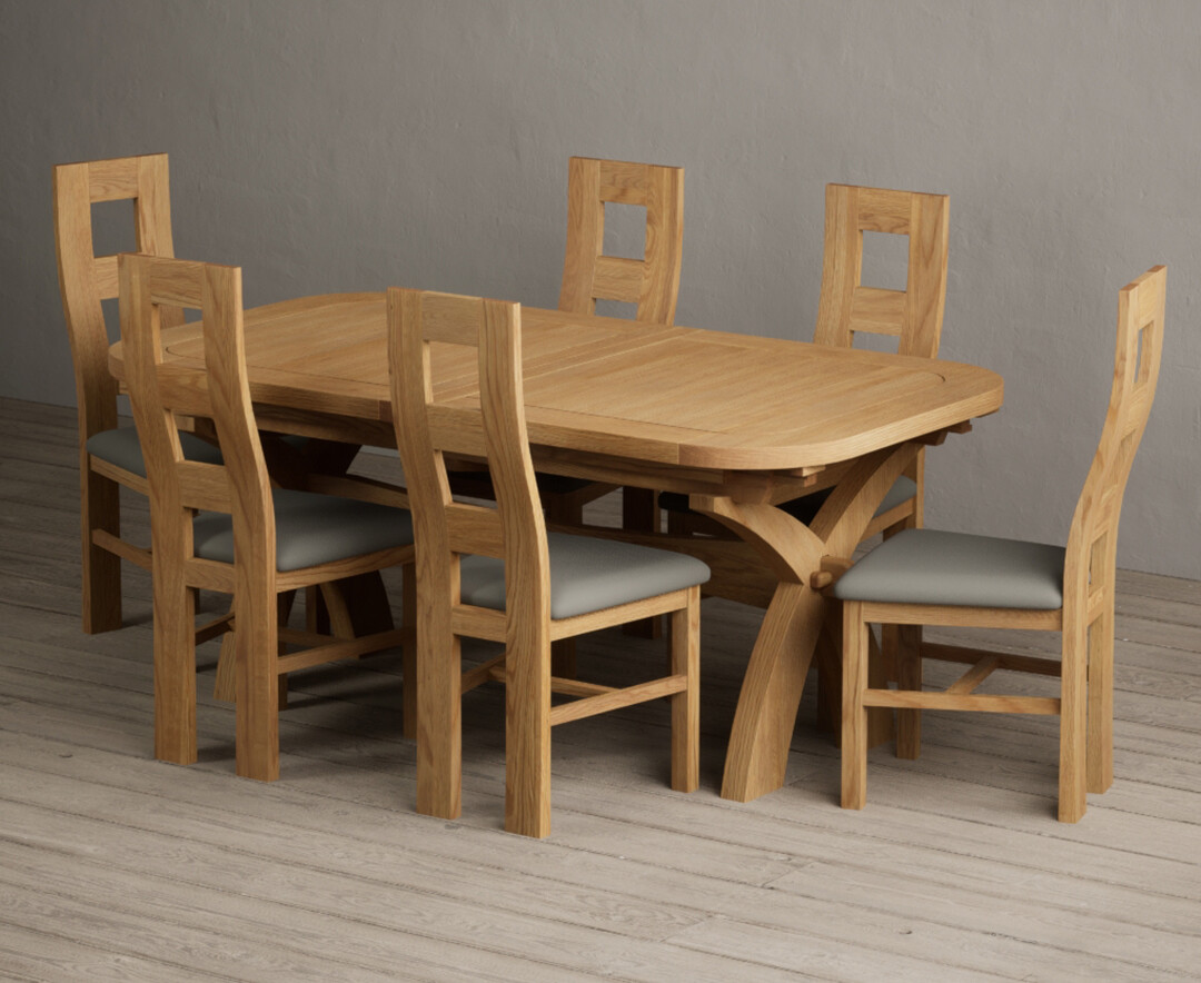 Extending Olympia 180cm Solid Oak Dining Table with 6 Grey Natural Solid Oak Chairs