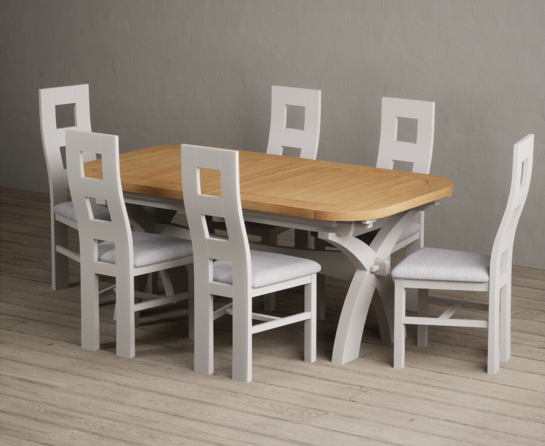 Extending Olympia 180cm Oak and Soft White Painted Dining Table with 10 Light Grey Painted Chairs