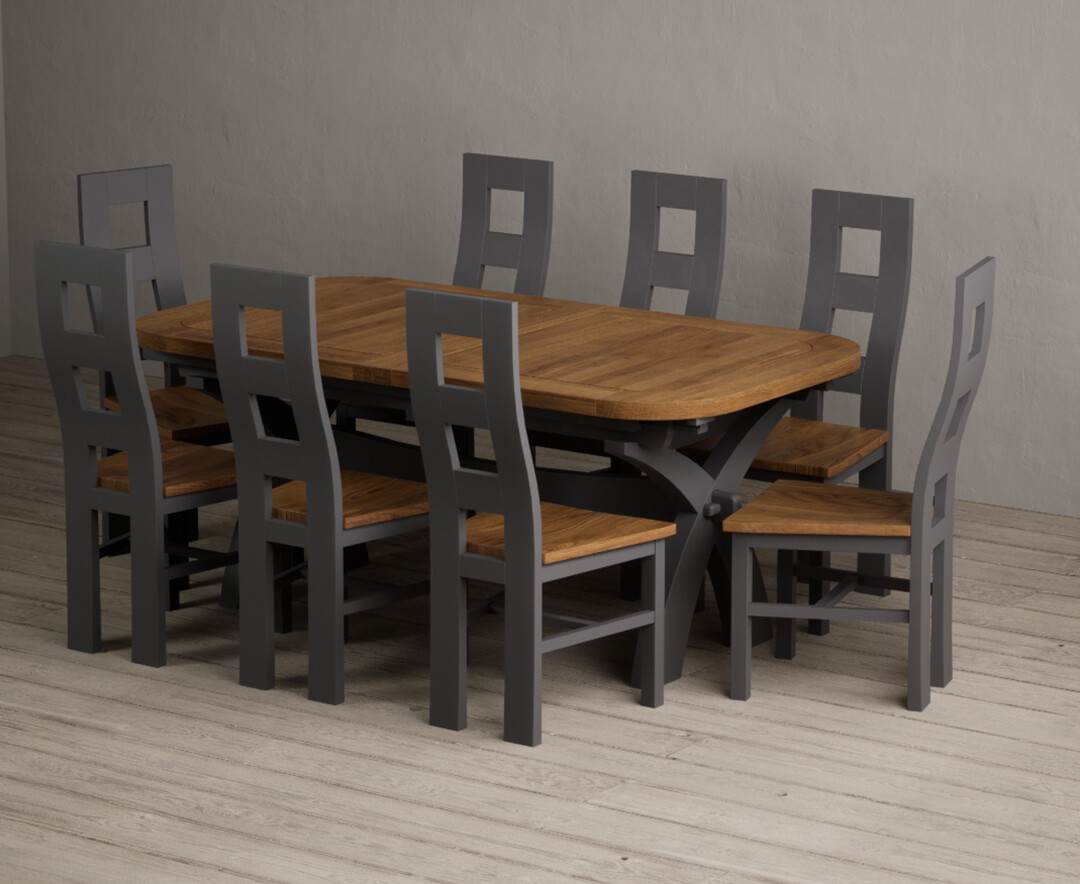 York 150cm Solid Oak Dining Table with 4 Light Grey York Chairs and 2 Oak Benches