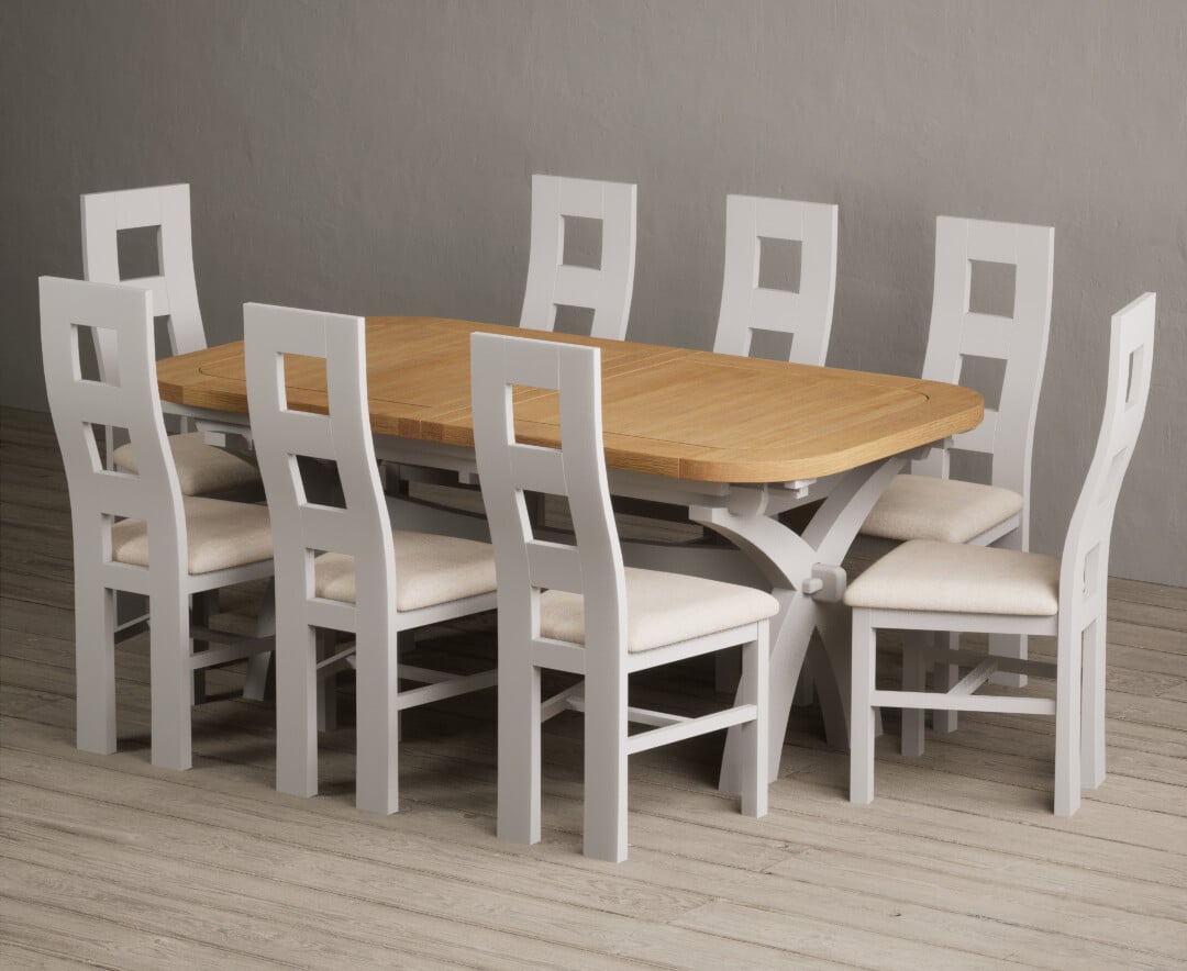 Extending Olympia 180cm Oak and Soft White Painted Dining Table with 8 Brown Painted Chairs