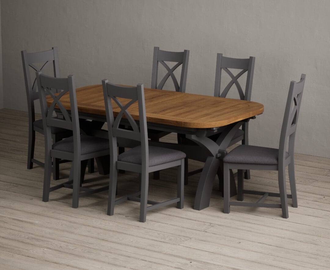 Extending Olympia 180cm Oak And Charcoal Grey Painted Dining Table With 6 Linen Painted Chairs