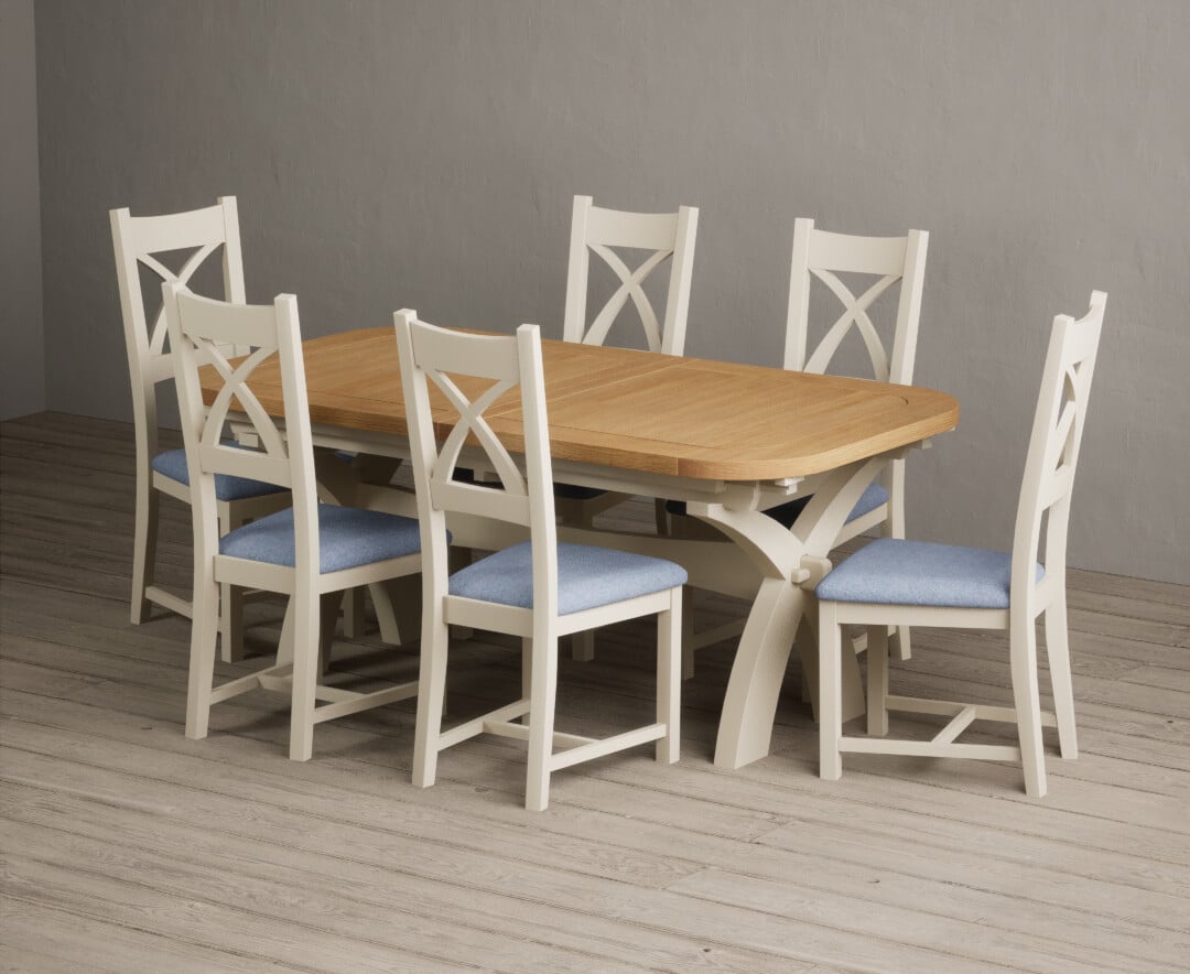 Extending Olympia 180cm Oak and Cream Painted Dining Table with 6 Linen Painted Chairs