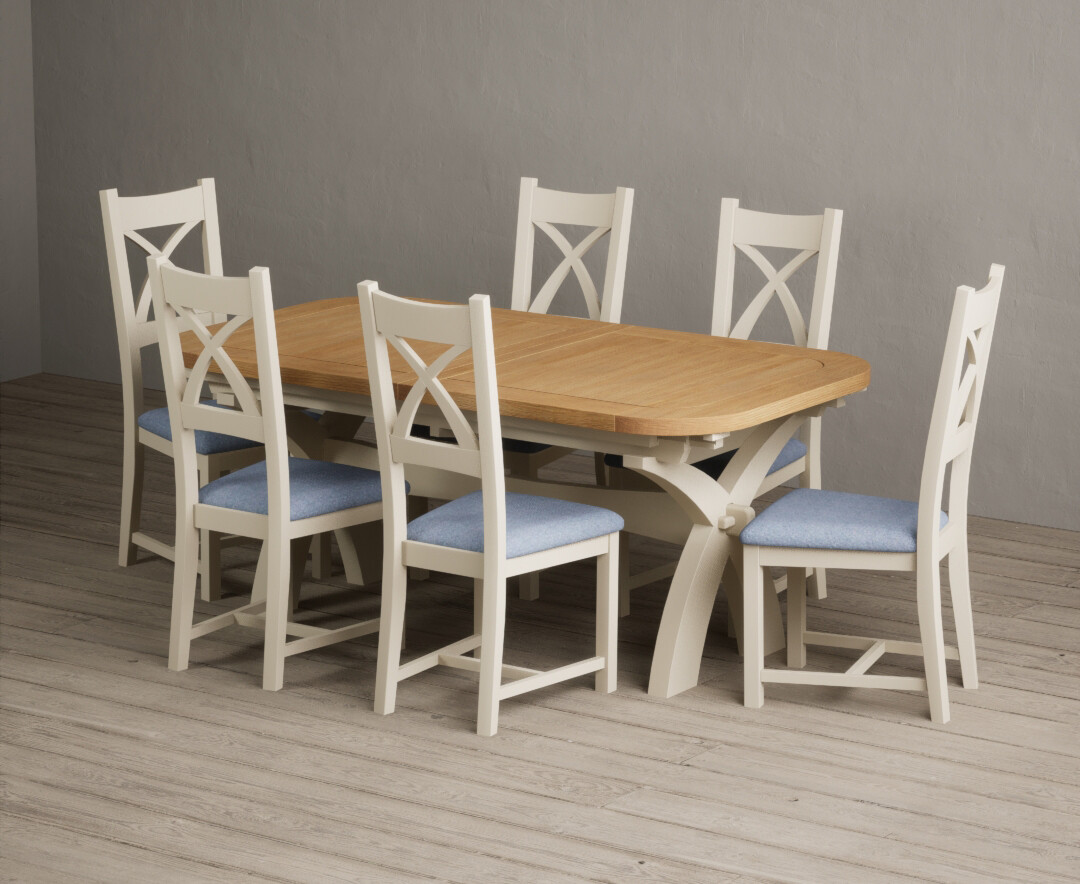 Extending Olympia 180cm Oak And Cream Painted Dining Table With 6 Blue Painted Chairs