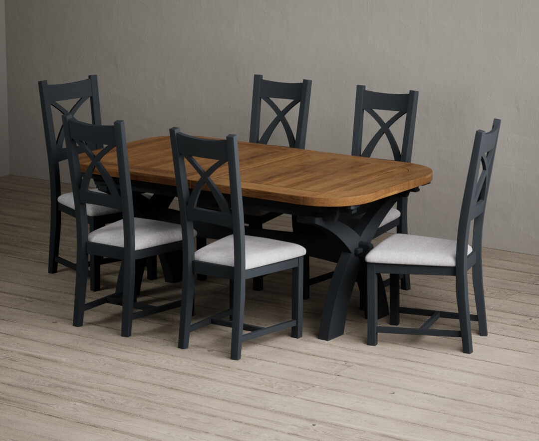 Extending Olympia 180cm Oak And Dark Blue Painted Dining Table With 8 Linen Painted Chairs