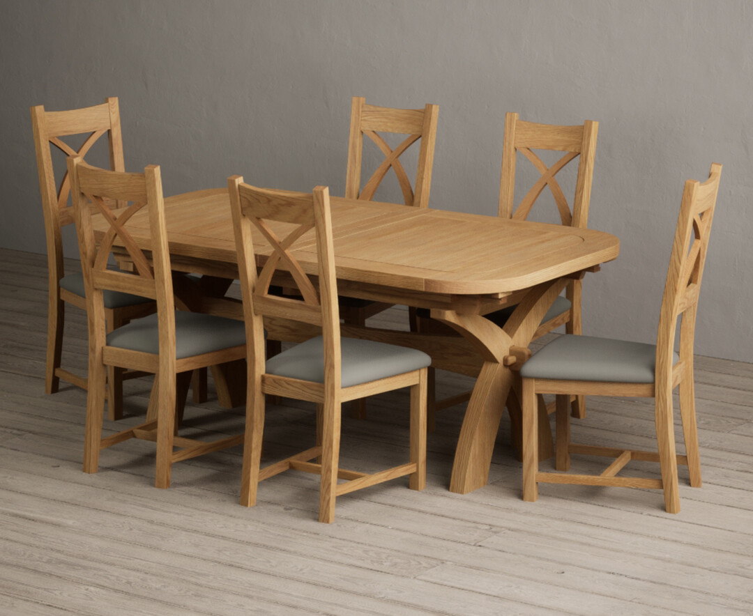 Extending Olympia 180cm Solid Oak Dining Table with 10 Grey Natural Solid Oak Chairs