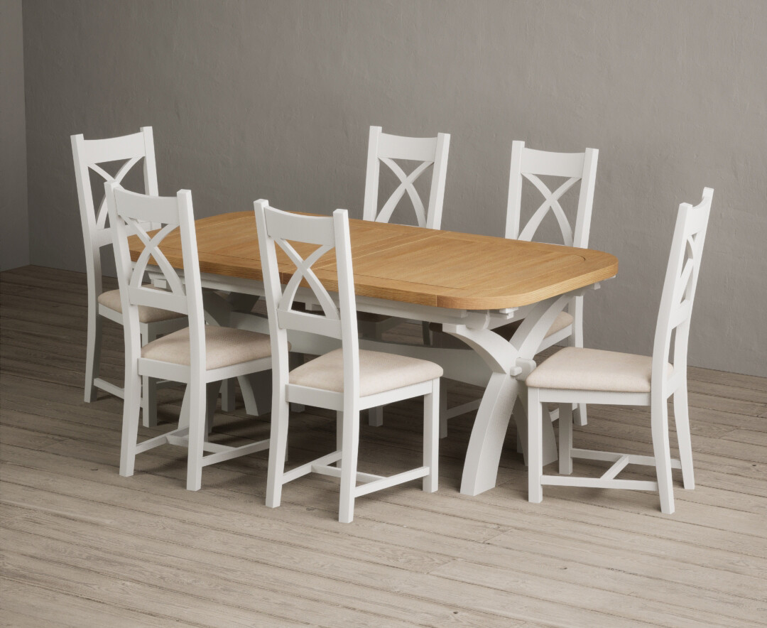 Extending Olympia 180cm Oak And Signal White Painted Dining Table With 6 Light Grey Painted Chairs