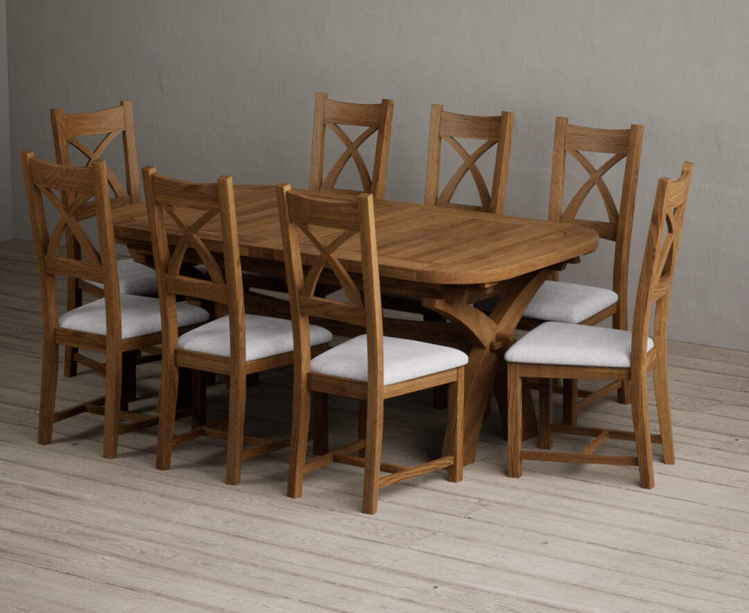 Extending Olympia 180cm Rustic Solid Oak Dining Table With 12 Light Grey Rustic Solid Oak Chairs