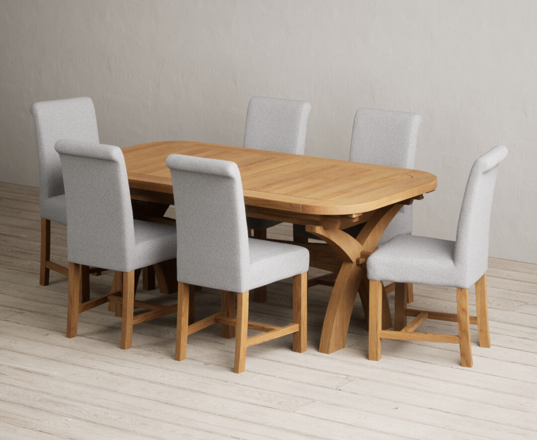 Extending Olympia 180cm Solid Oak Dining Table with 10 Blue Braced Chairs