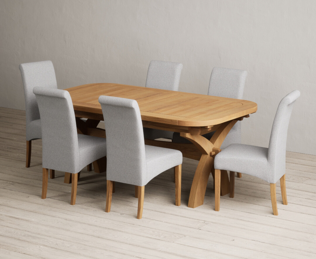 Extending Olympia 180cm Solid Oak Dining Table with 12 Blue Scroll Back Chairs