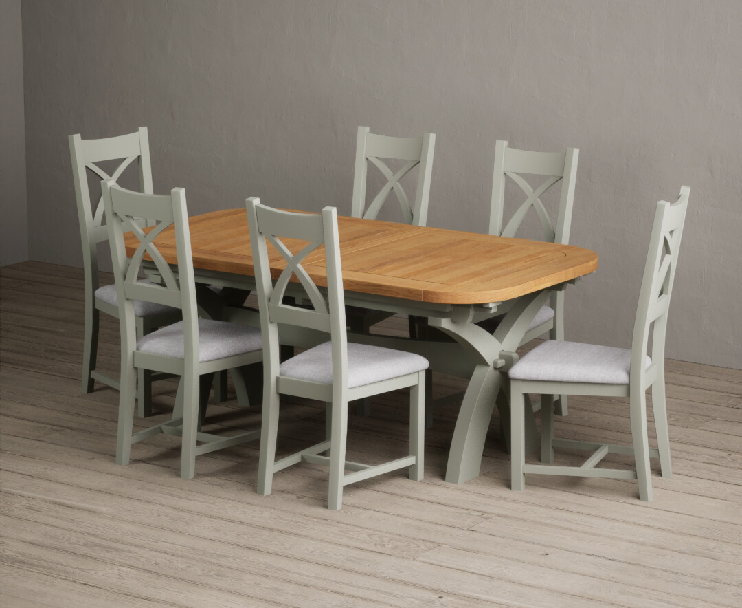 Extending Olympia 180cm Oak And Soft Green Painted Dining Table With 8 Linen Painted Chairs