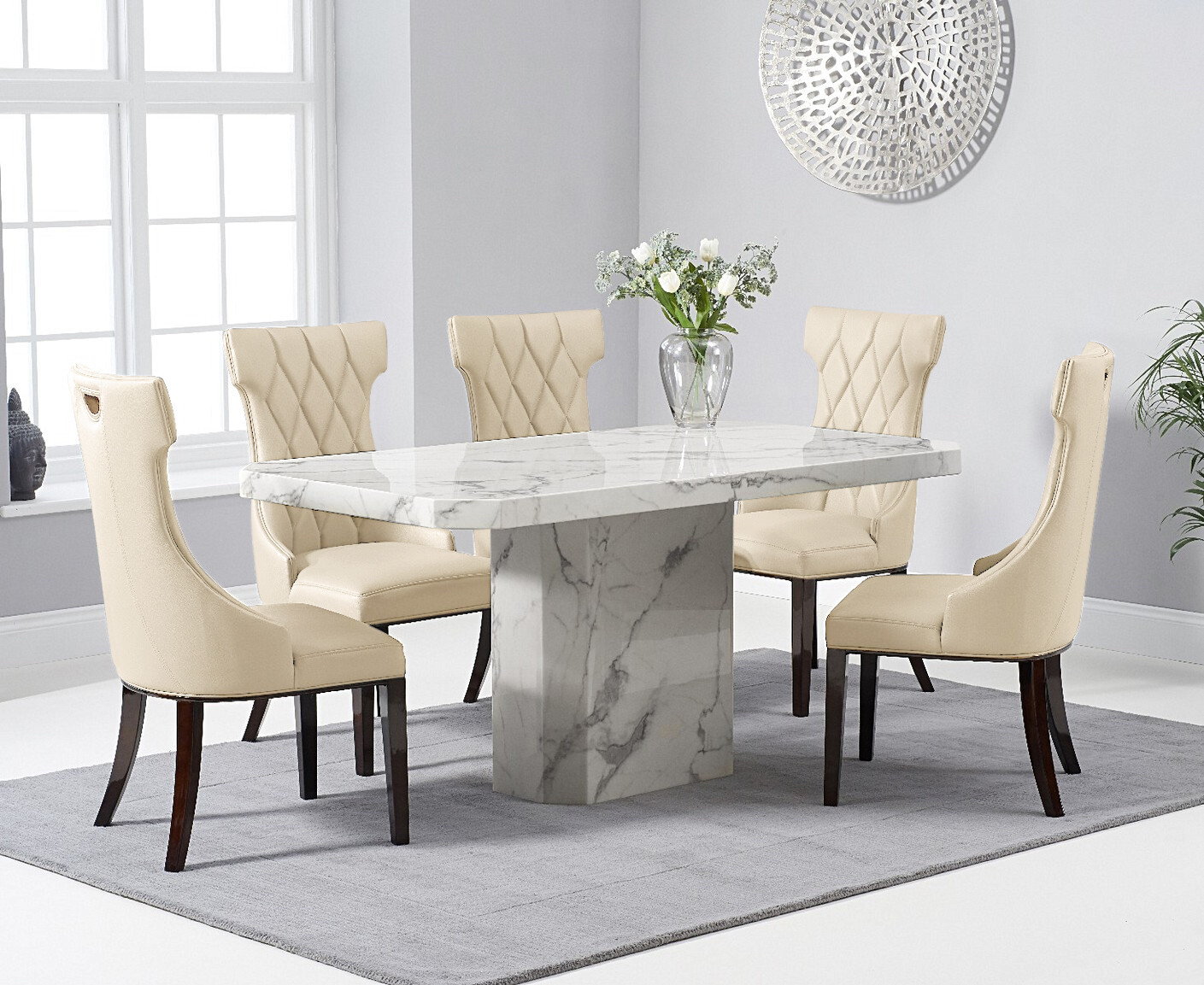 Belle 160cm Marble White Dining Table With 4 Cream Sophia Chairs