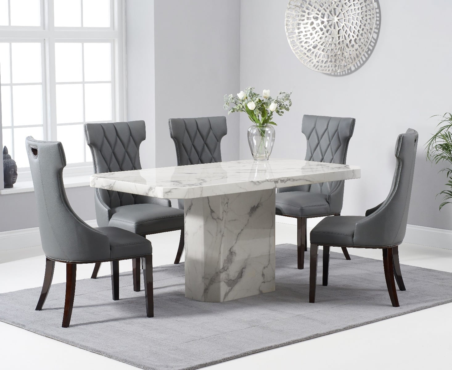 Belle 160cm Marble White Dining Table With 8 Cream Sophia Chairs