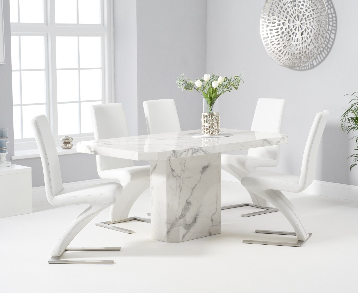 Belle 160cm Marble White Dining Table With 4 Black Aldo Chairs