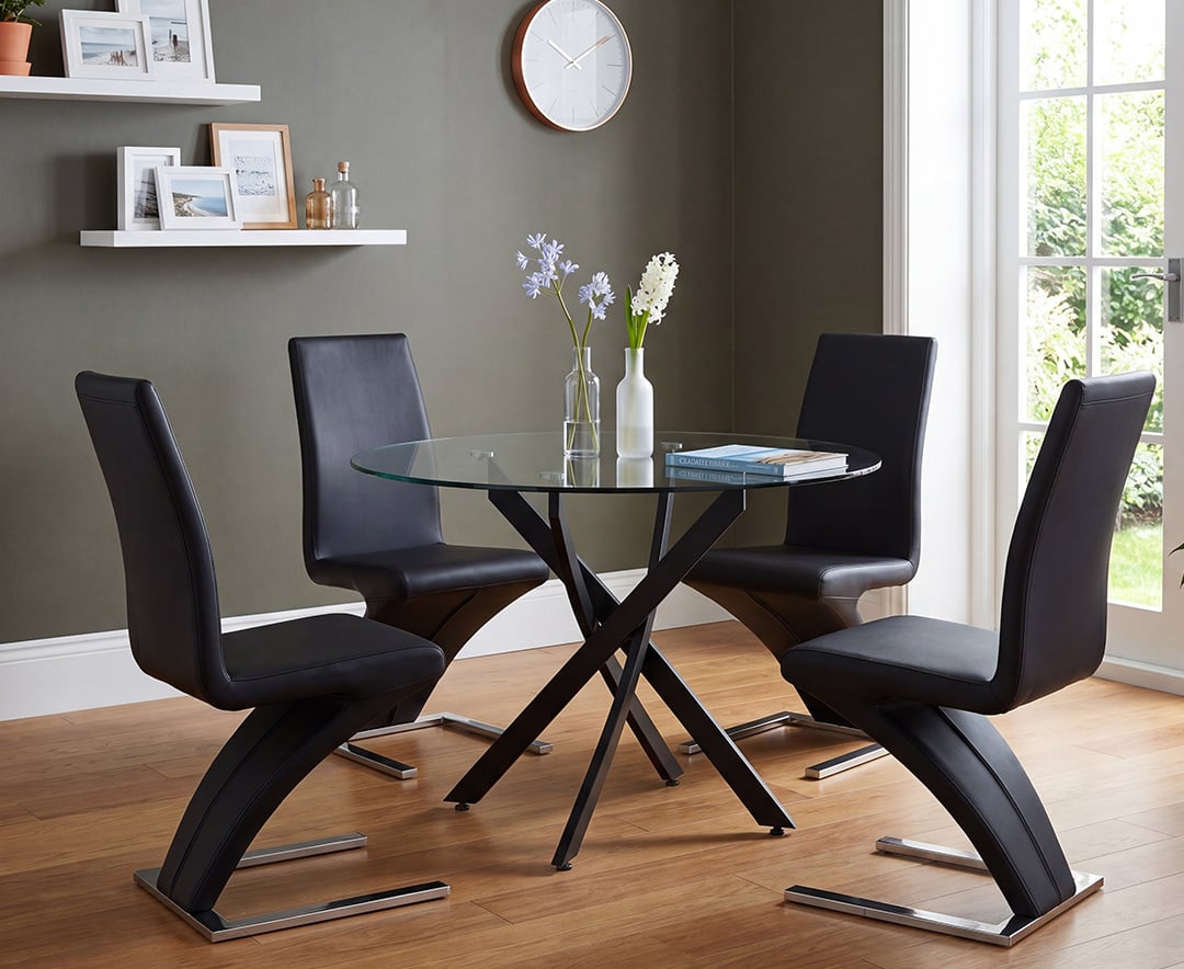 Bernini 110cm Black Leg Glass Dining Table with 4 Black Aldo Chairs