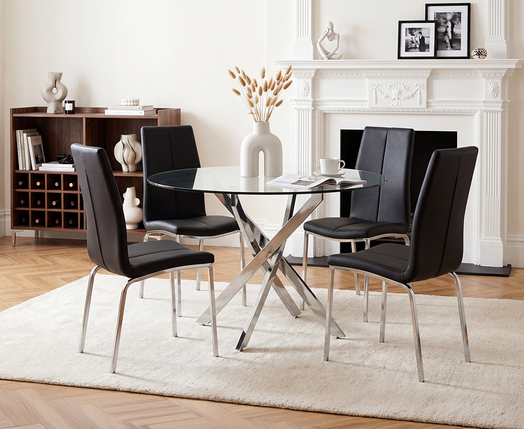 Bernini 110cm Glass Dining Table with 4 Black Marco Chairs