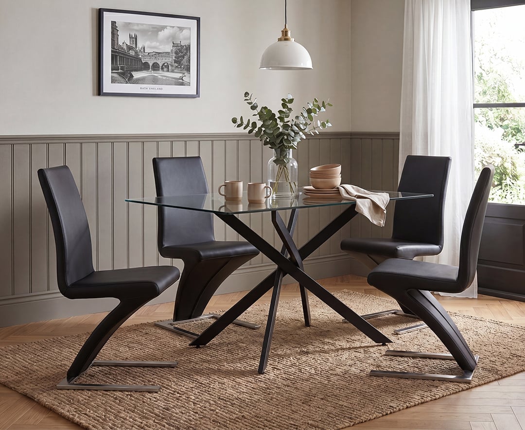 Bernini 120cm Black Leg Rectangular Glass Dining Table with 4 Black Aldo Chairs