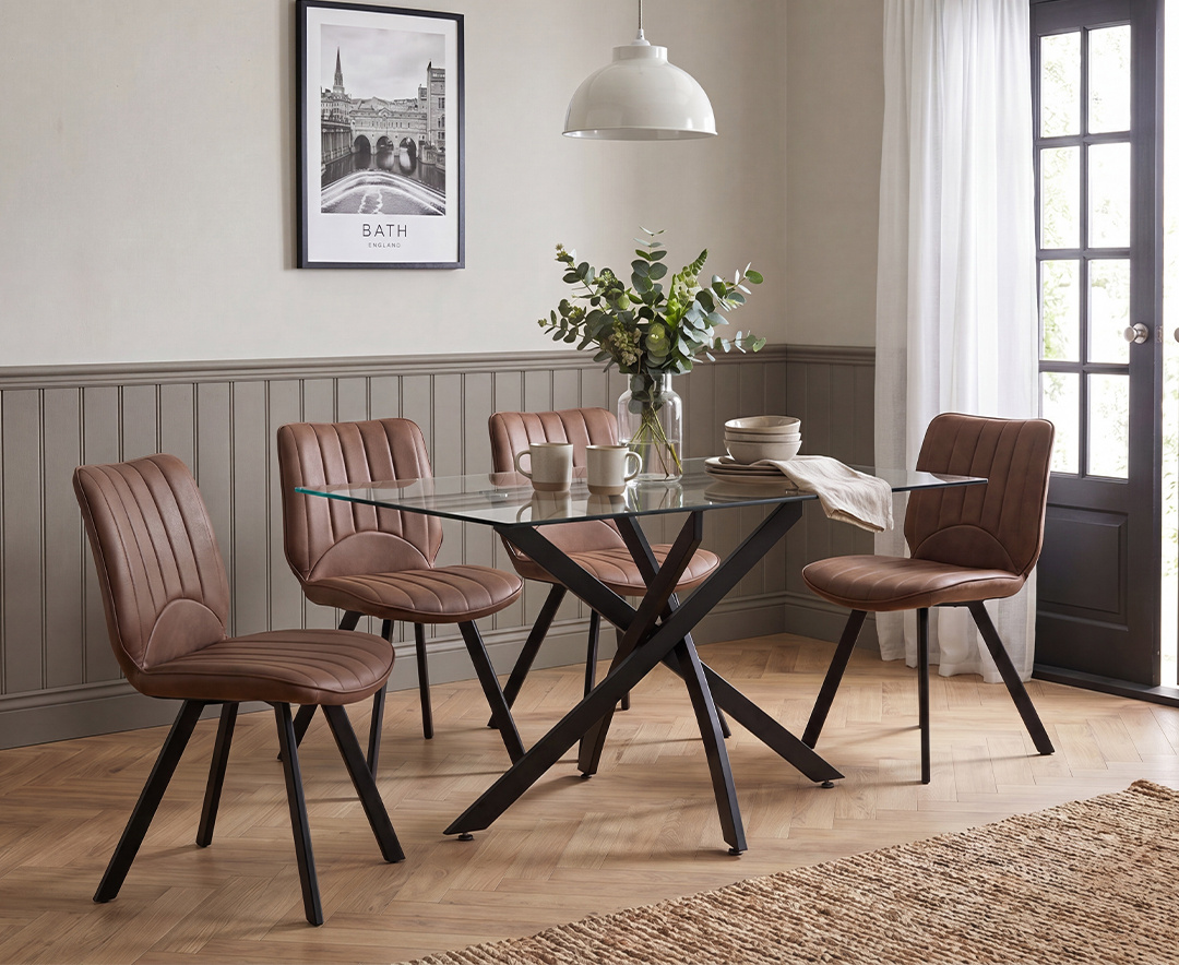 Bernini 120cm Black Leg Rectangular Glass Dining Table with 4 Brown Hendrick Chairs