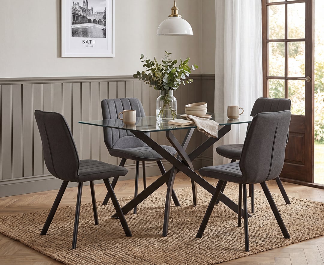 Bernini 120cm Black Leg Rectangular Glass Dining Table with 4 Grey Hendrick Chairs