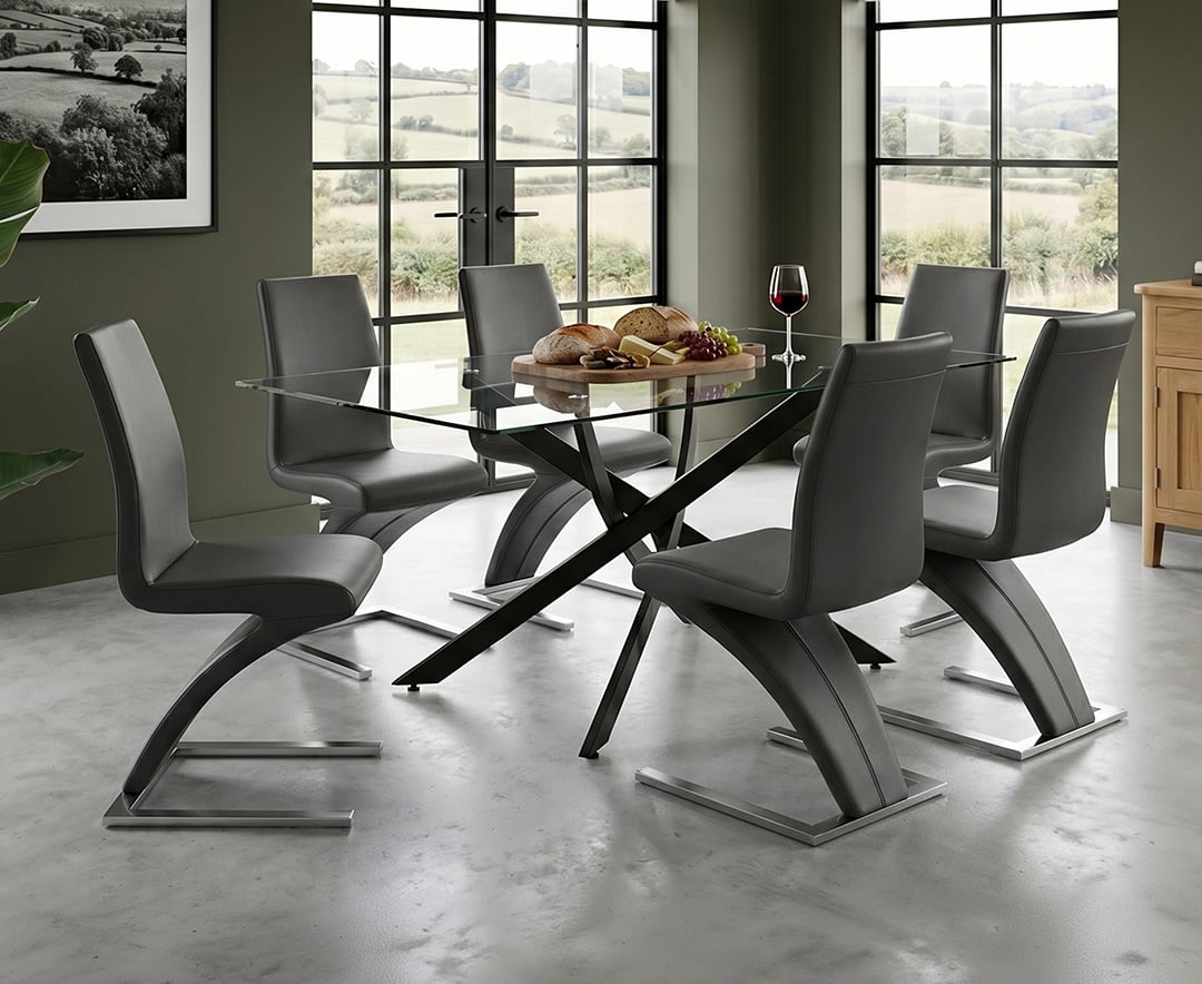 Bernini 160cm Black Leg Rectangular Glass Dining Table with 6 Black Aldo Chairs