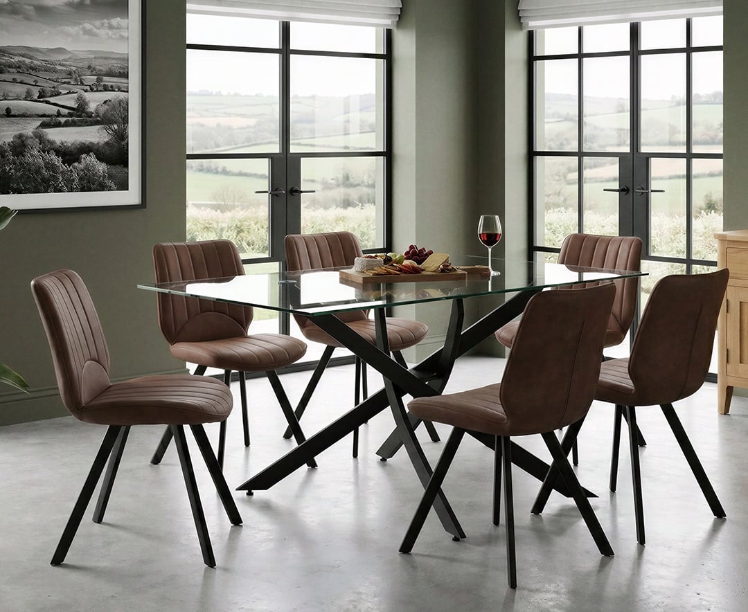 Bernini 160cm Black Leg Rectangular Glass Dining Table with 6 Brown Hendrick Chairs