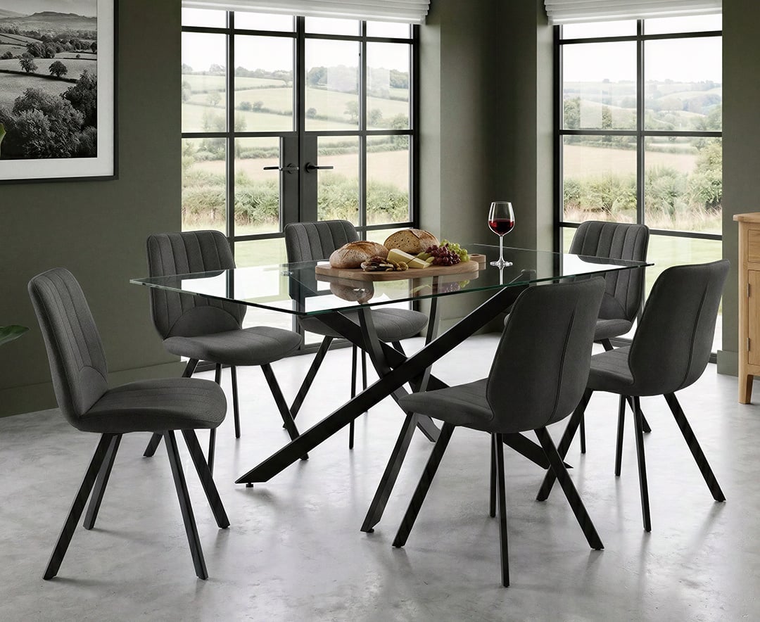 Bernini 160cm Black Leg Rectangular Glass Dining Table with 6 Grey Hendrick Chairs
