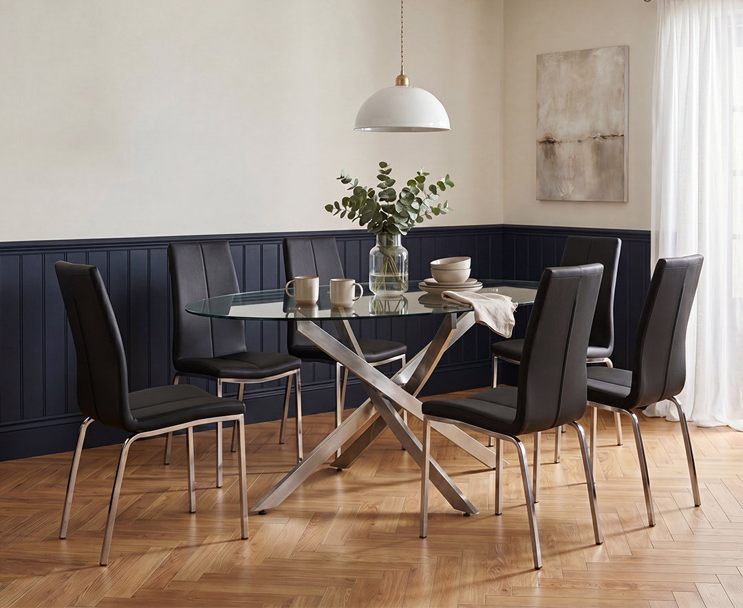 Bernini 165cm Oval Glass Dining Table with 6 Black Marco Chairs