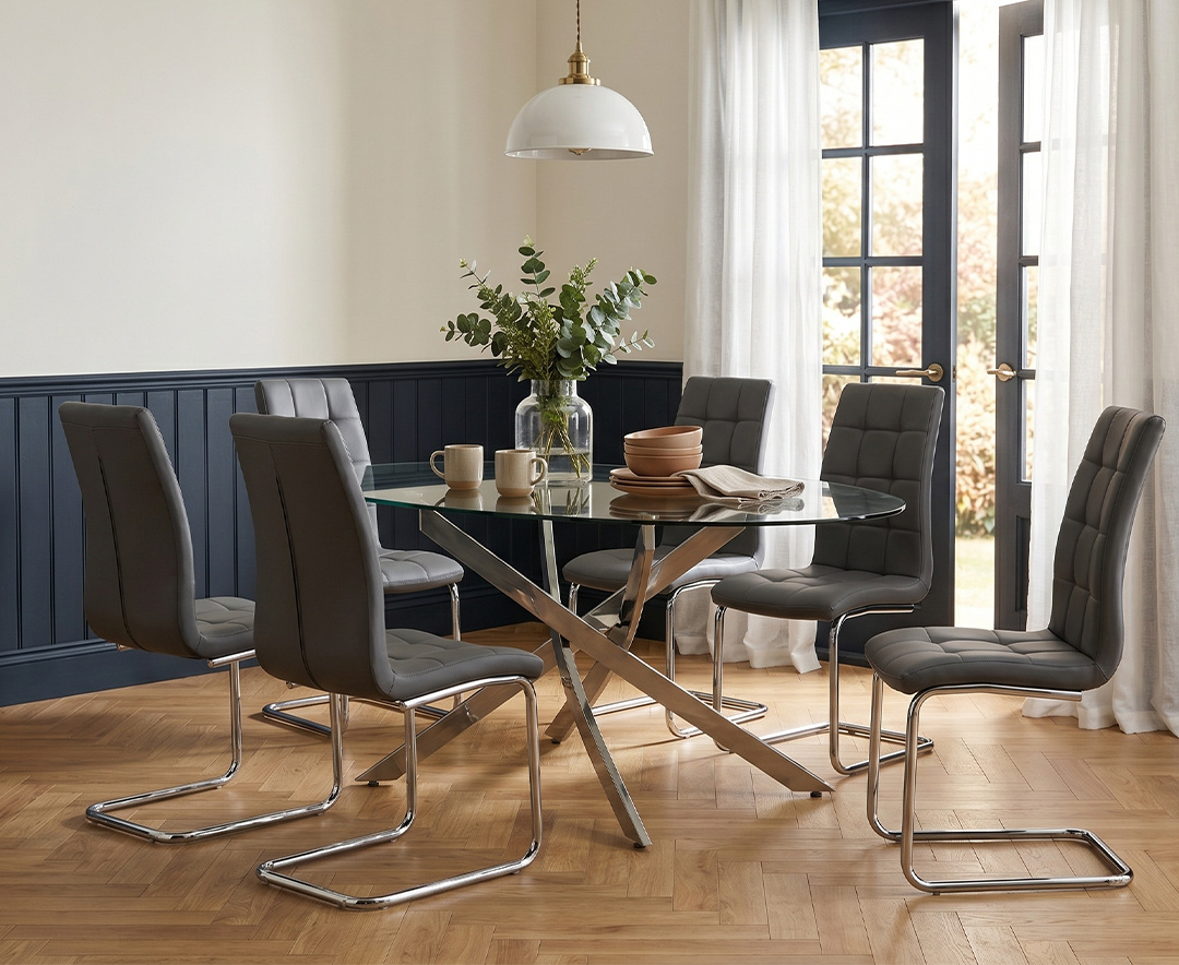 Bernini 165cm Oval Glass Dining Table with 6 Grey Vigo Chairs