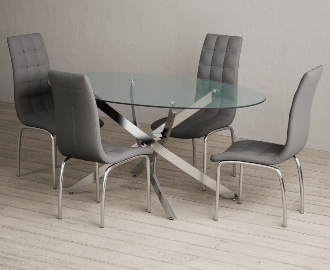 Bernini 165cm Oval Glass Dining Table With 4 Grey Enzo Chairs