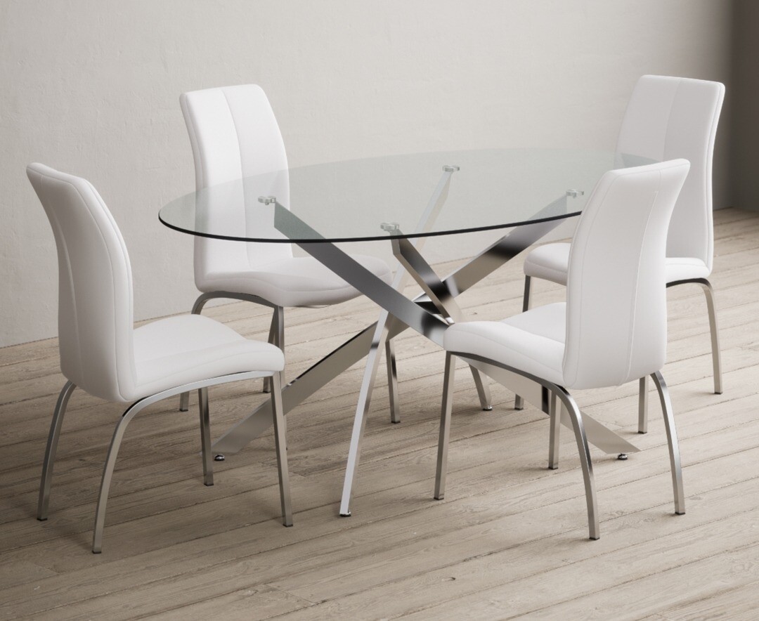 Bernini 165cm Oval Glass Dining Table With 4 White Marco Chairs