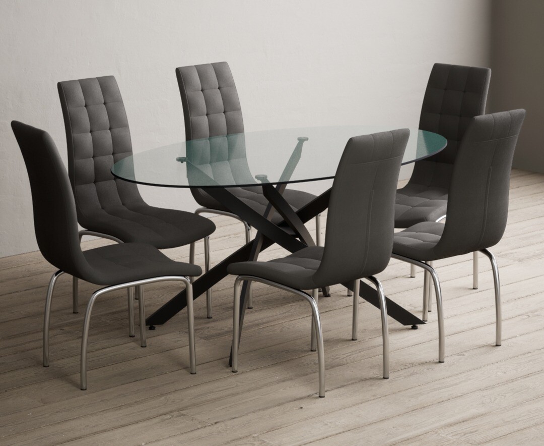 Bernini 165cm Black Leg Oval Glass Dining Table With 4 Grey Enzo Chairs