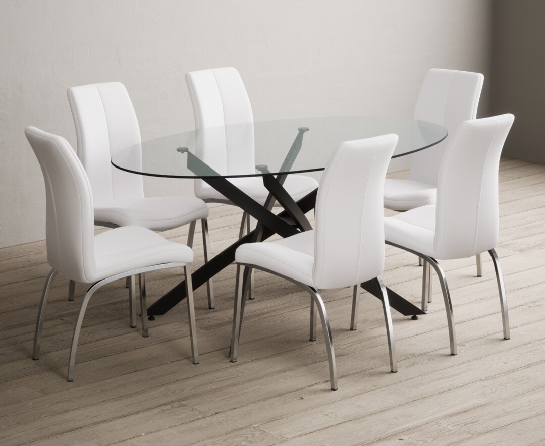 Bernini 165cm Black Leg Oval Glass Dining Table With 6 White Marco Chairs