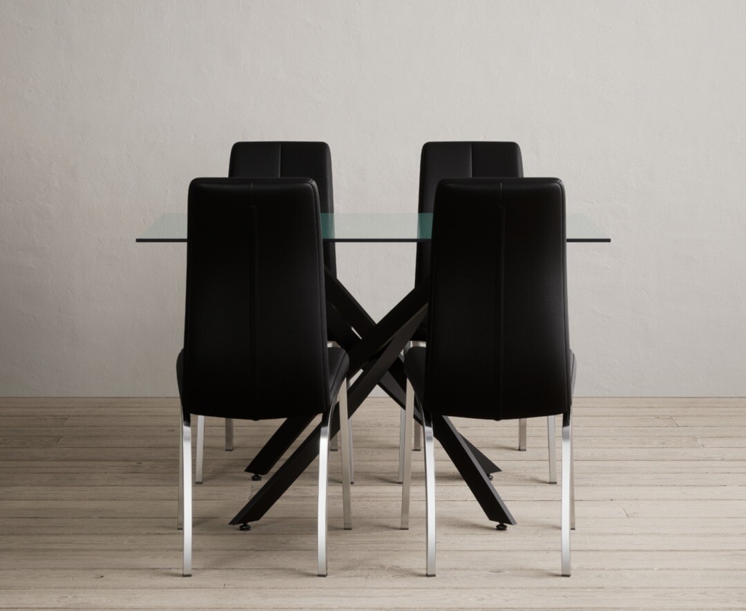 Bernini 120cm Black Leg Rectangular Glass Dining Table with 4 Black Marco Chairs