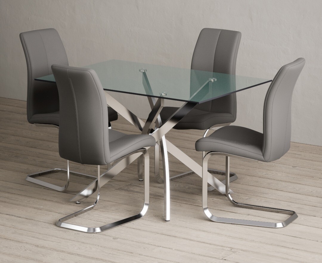 Bernini 120cm Rectangular Glass Dining Table With 4 Grey Gianni Chairs