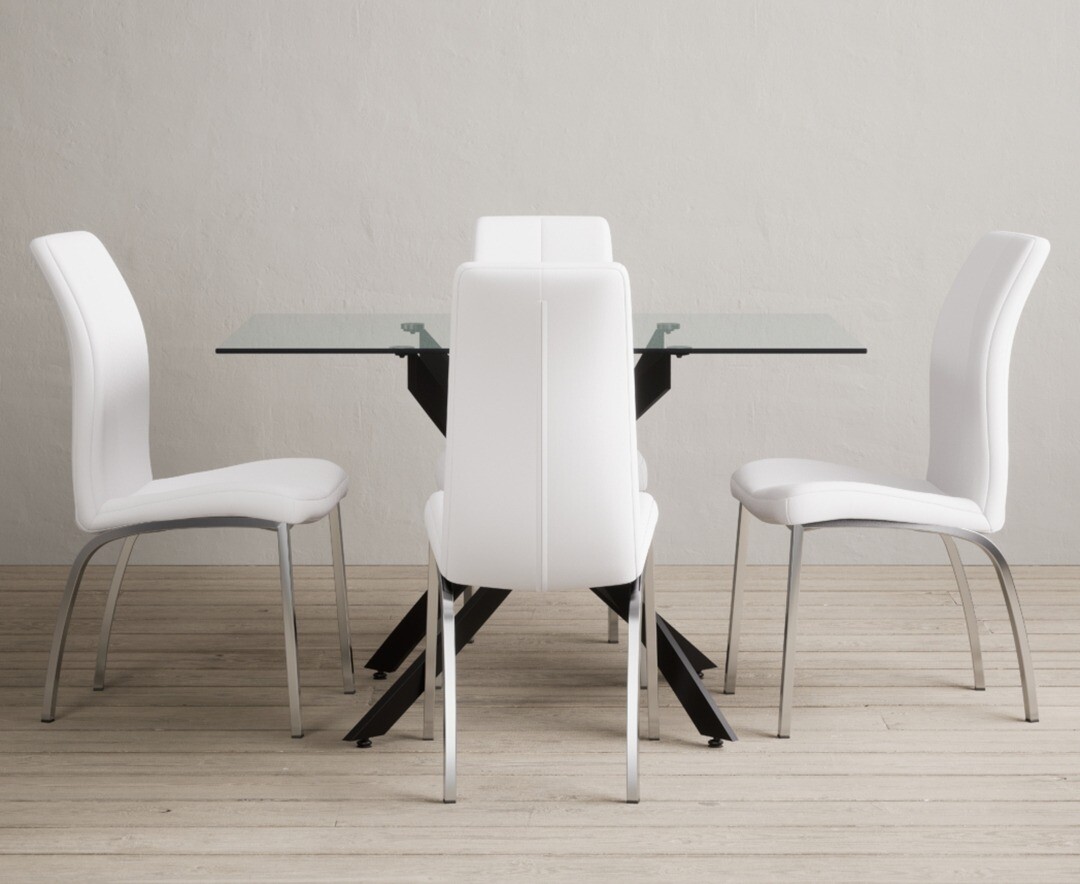 Bernini 120cm Black Leg Rectangular Glass Dining Table with 4 White Marco Chairs