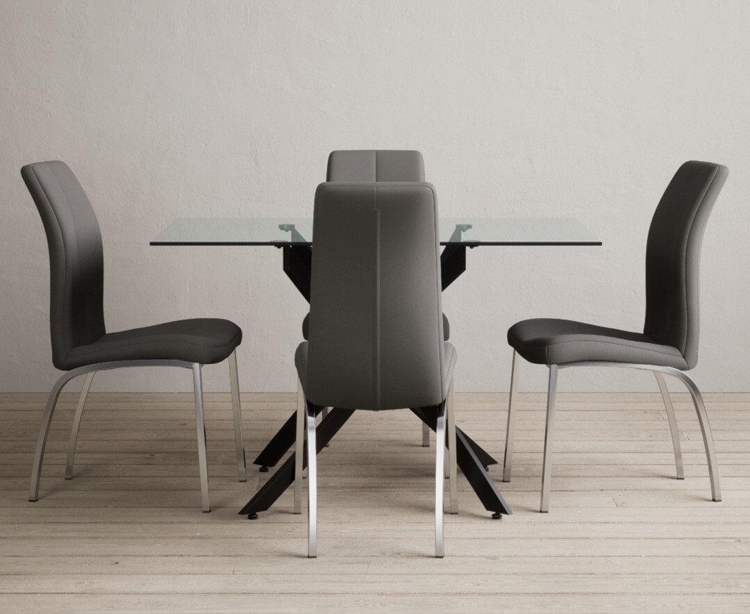 Bernini 120cm Black Leg Rectangular Glass Dining Table with 4 Grey Marco Chairs