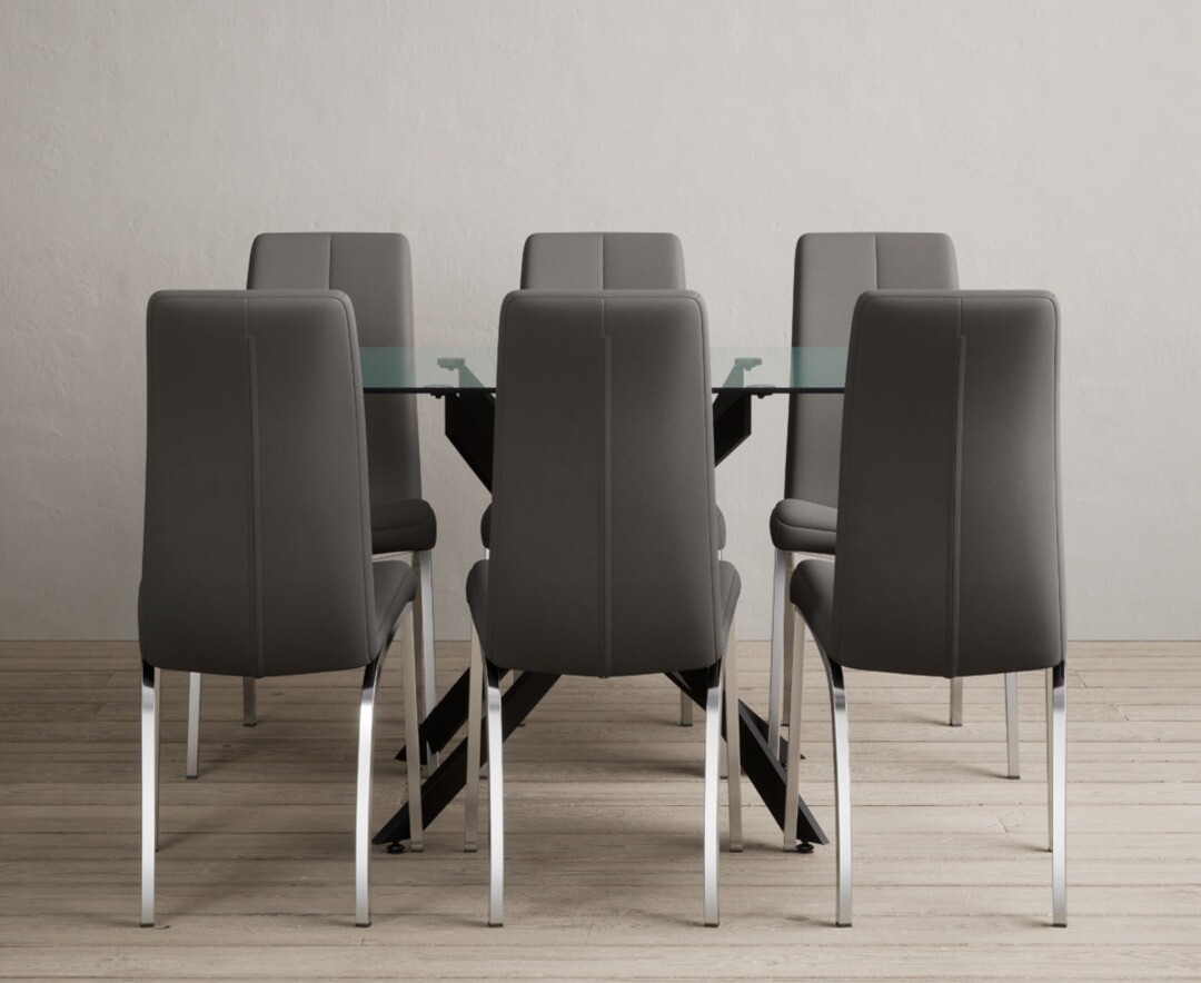Bernini 120cm Black Leg Rectangular Glass Dining Table with 6 Grey Marco Chairs