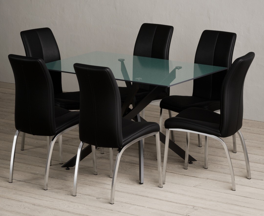 Bernini 120cm Black Leg Rectangular Glass Dining Table with 6 Black Marco Chairs