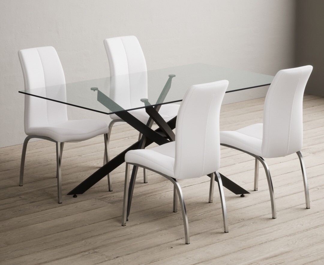 Bernini 160cm Black Leg Rectangular Glass Dining Table with 4 White Marco Chairs