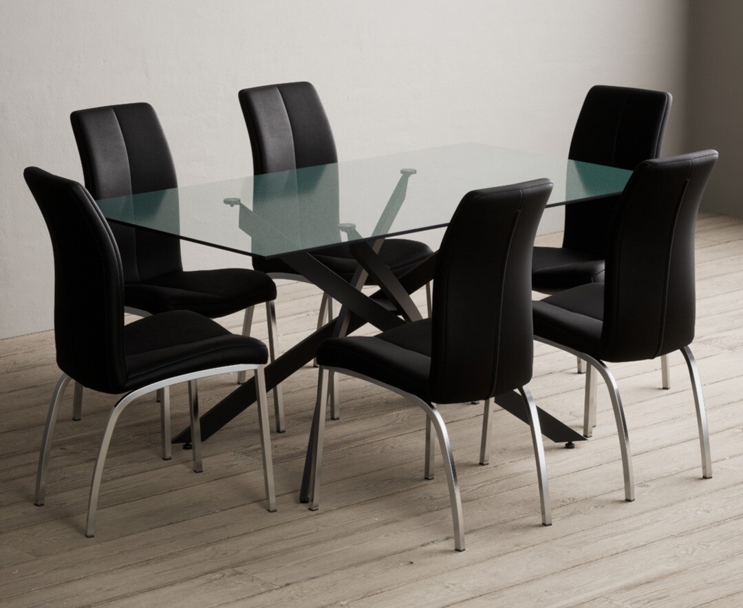 Bernini 160cm Black Leg Rectangular Glass Dining Table With 4 Black Marco Chairs