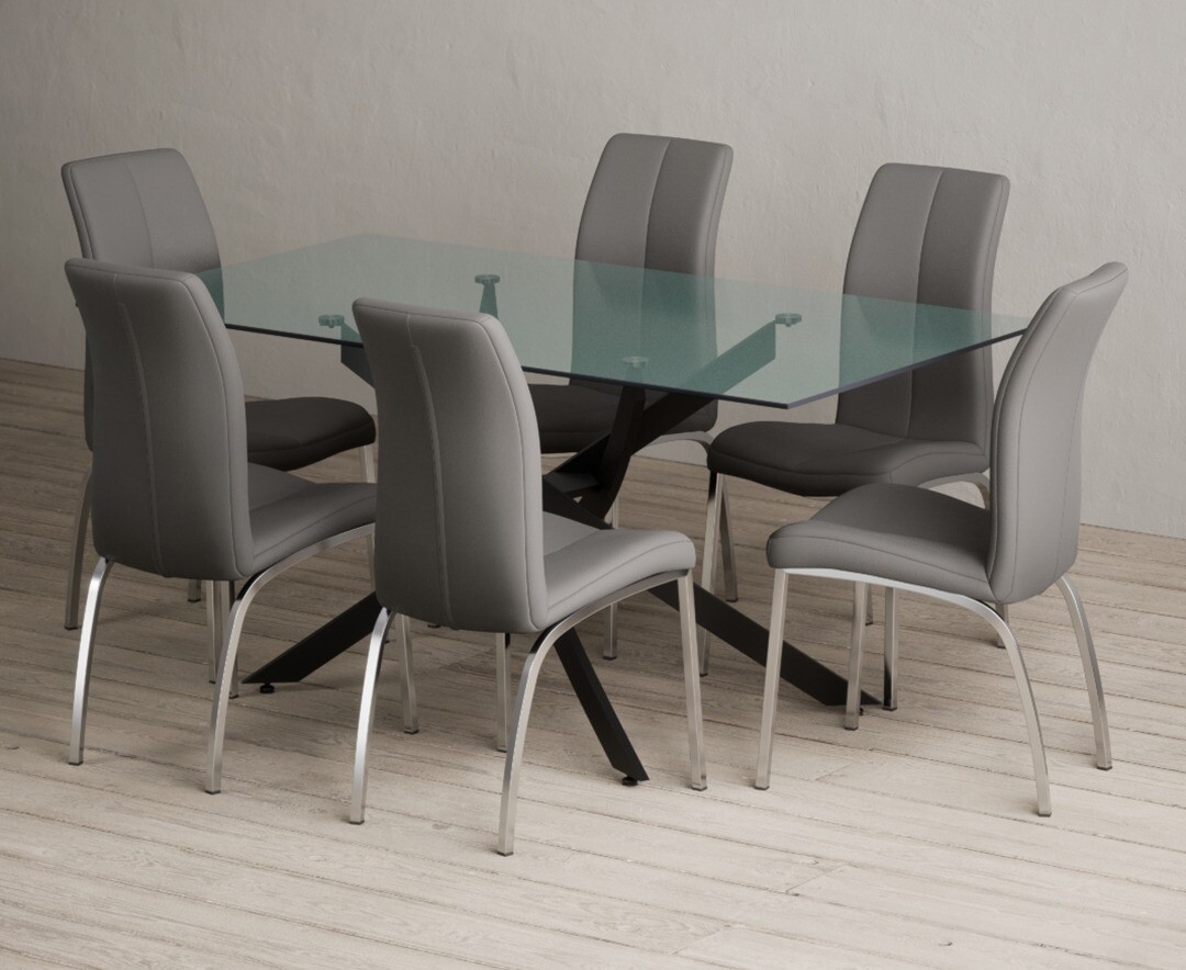Bernini 160cm Black Leg Rectangular Glass Dining Table with 6 Grey Marco Chairs