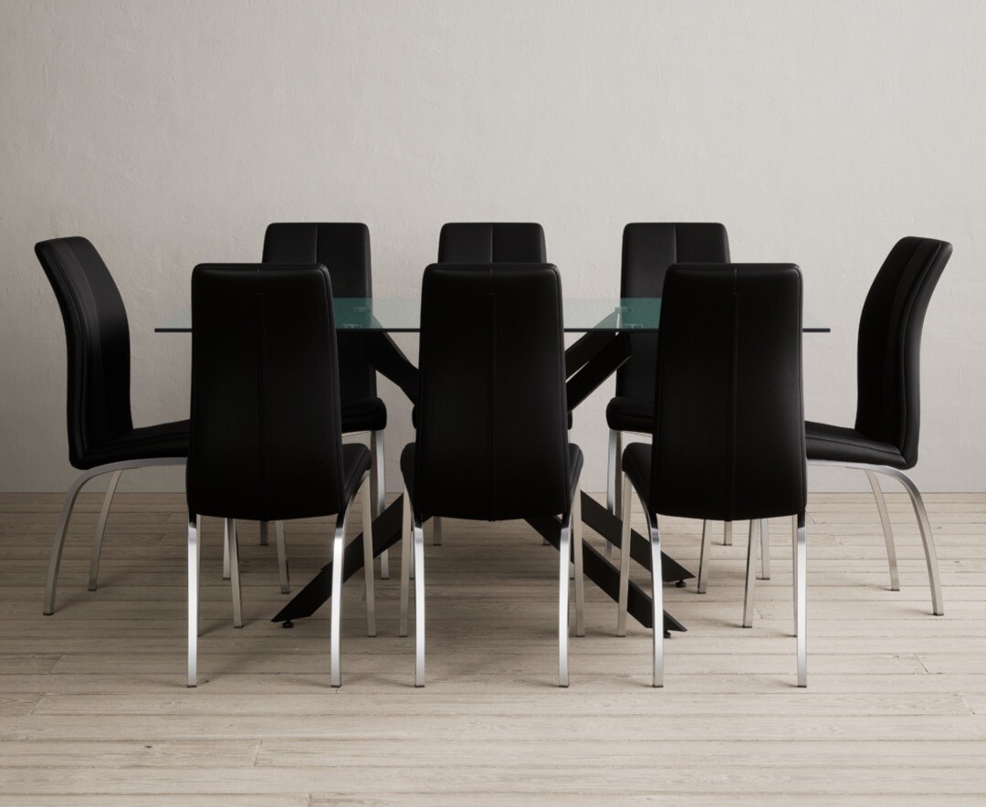 Bernini 160cm Black Leg Rectangular Glass Dining Table with 8 Black Marco Chairs
