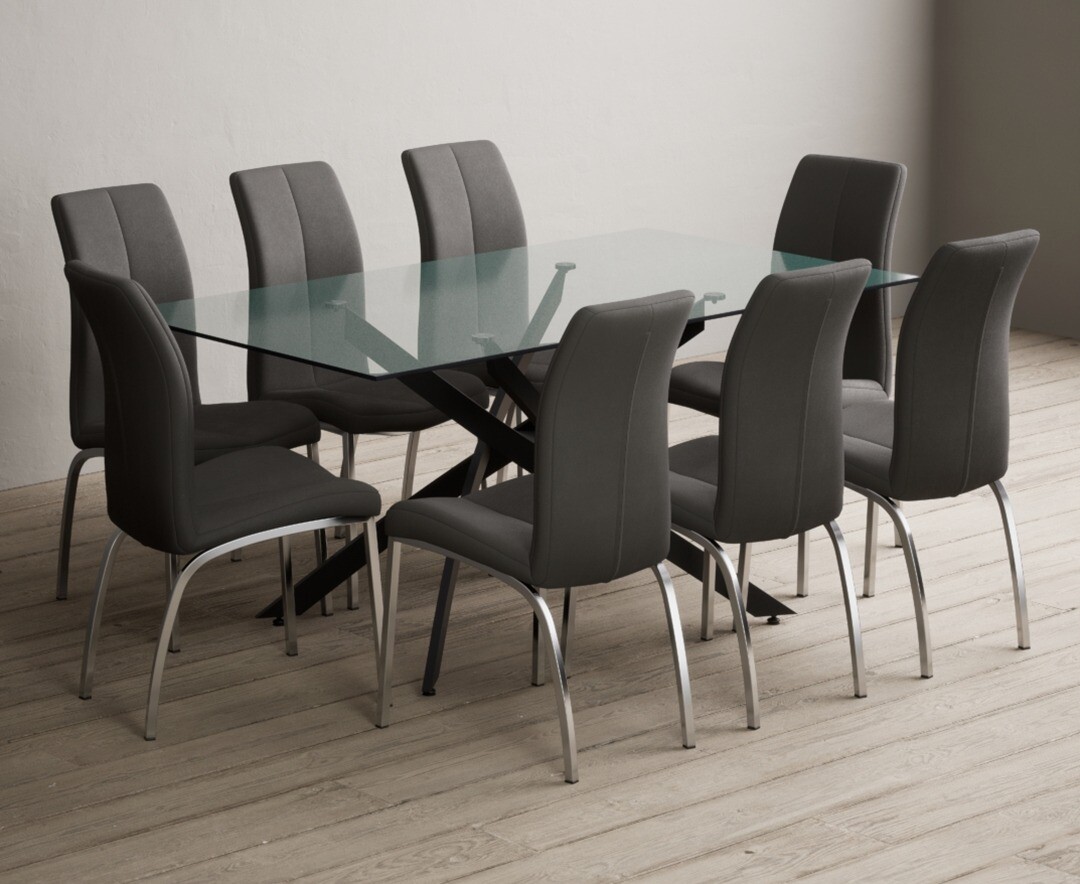 Bernini 160cm Black Leg Rectangular Glass Dining Table with 8 Grey Marco Chairs