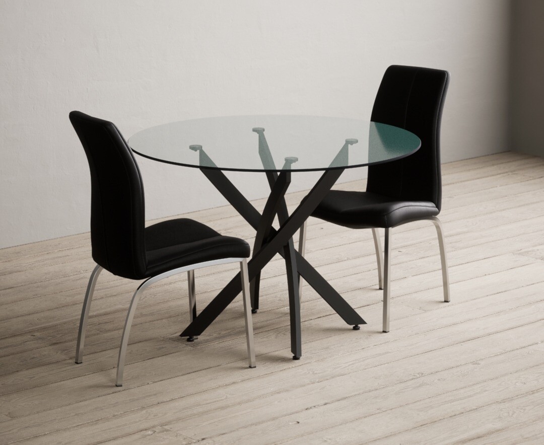 Bernini 110cm Black Leg Glass Dining Table with 2 Black Marco Chairs