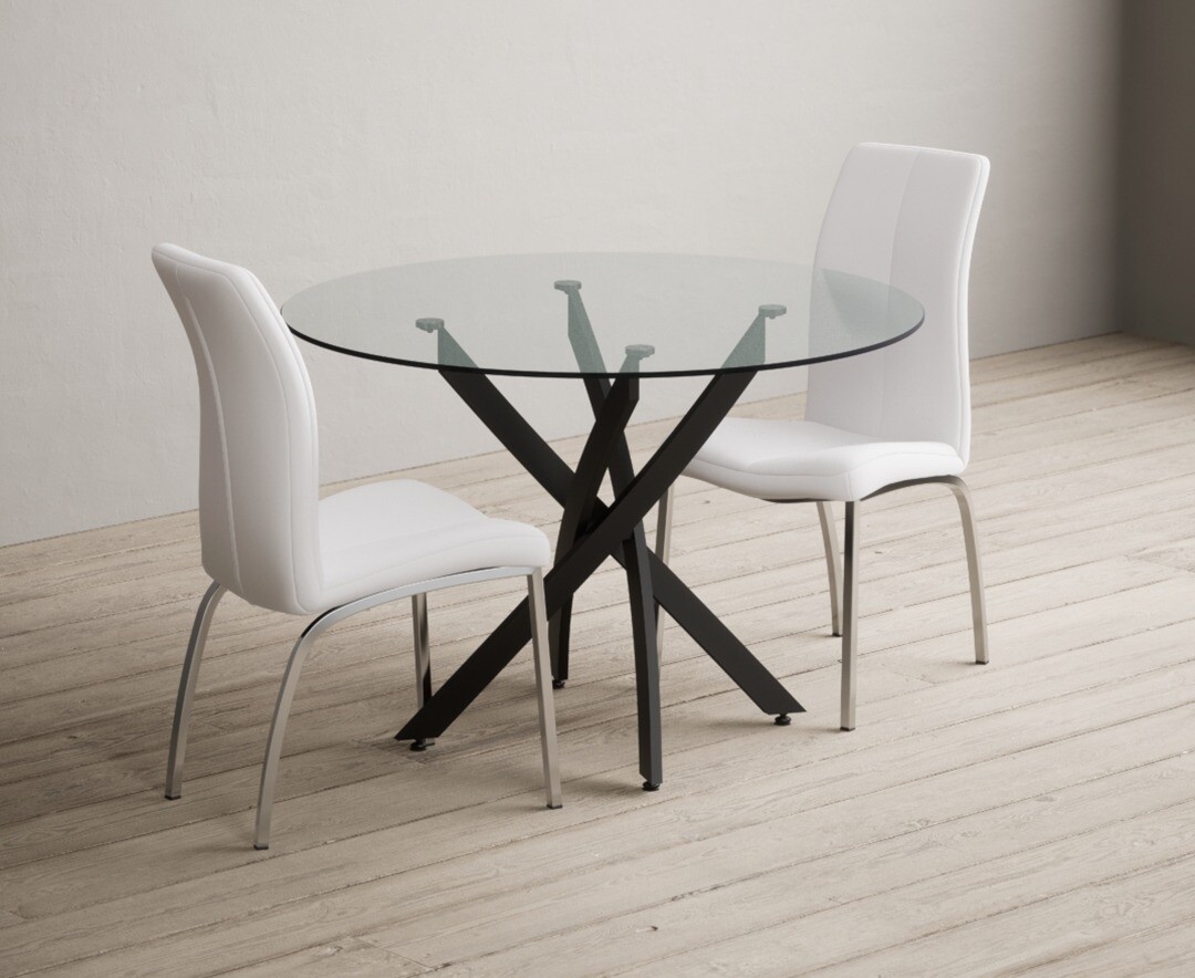 Bernini 110cm Black Leg Glass Dining Table with 2 White Marco Chairs