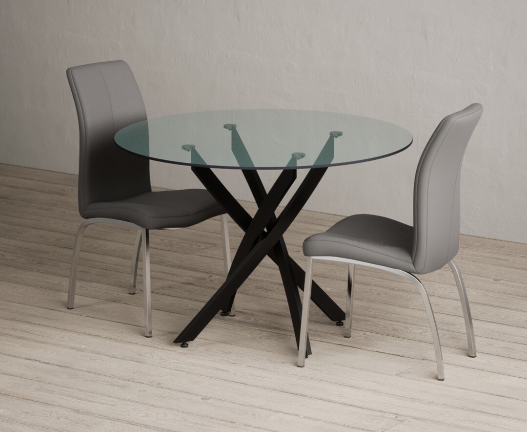 Bernini 110cm Black Leg Glass Dining Table with 2 Grey Marco Chairs