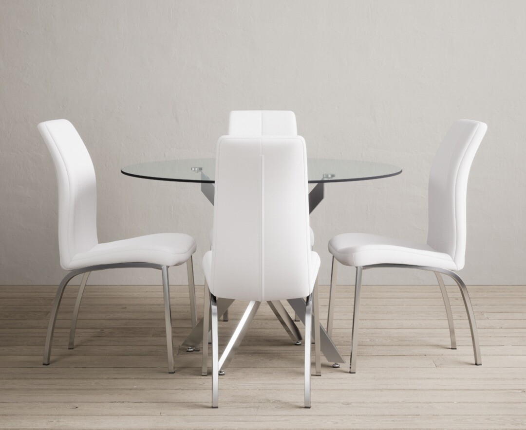 Bernini 110cm Glass Dining Table with 4 White Marco Chairs